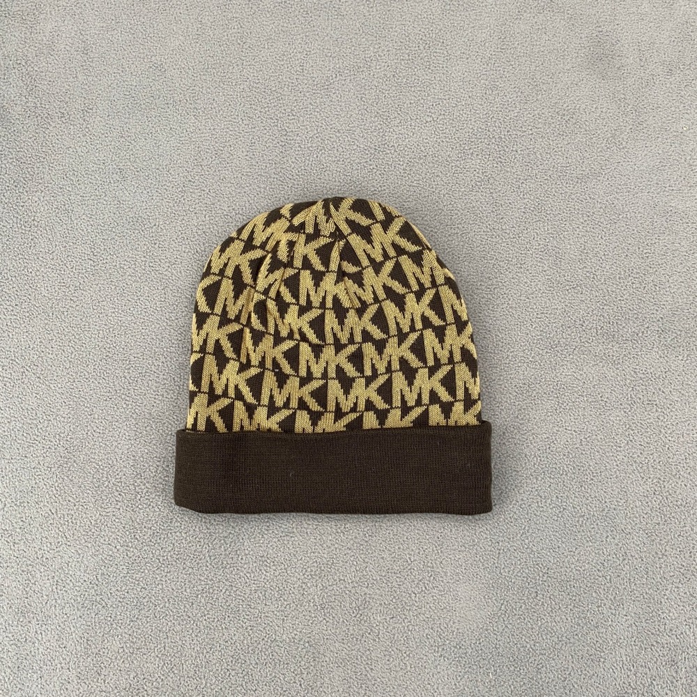 Michael Kors Brown Tan Monogram MK Logo Knit Beanie Hat One Size